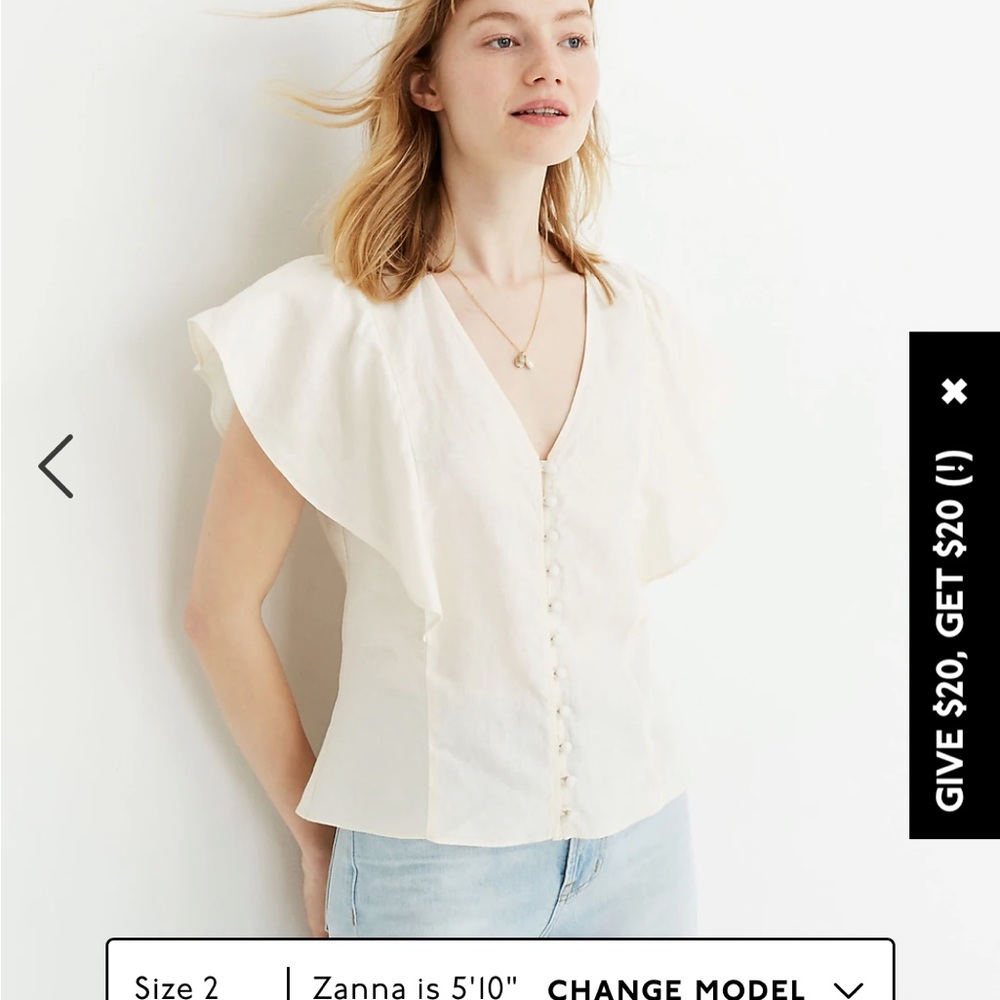 Madewell Linen Carmelina Flutter-Sleeve Top size 4